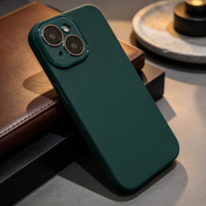 Dark Green Solid-Color Phone Case, Lightweight Slim Construction, Flexible Shock-Absorbing Edges, Raised Camera Protection, Wireless Charging Support, Compatible with iPhone 13